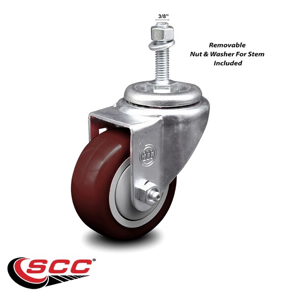 3.5 Inch Maroon Polyurethane Wheel Swivel 3/8 Inch Threaded Stem Caster SCC